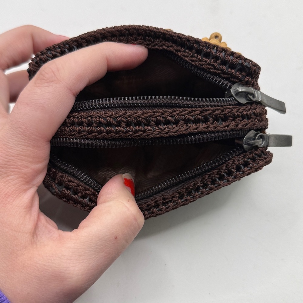 Vintage Coconut Shell Piece Wallet Zip Around Coin Purse Wristlet Brown Floral - Picture 9 of 12